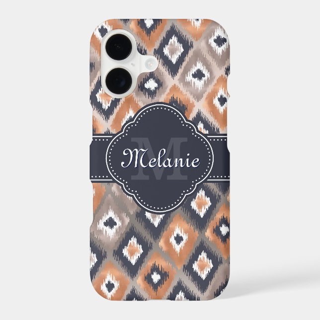 Rose Gold Pink Ikat Pattern Navy Monogram Iphone Case (Back)