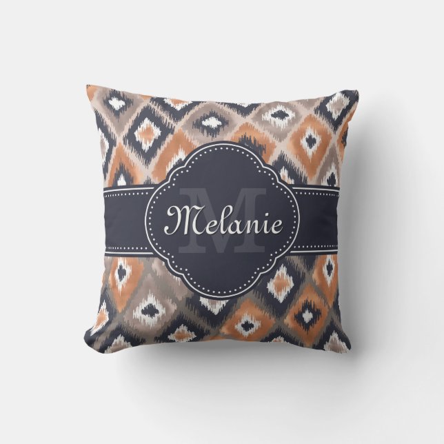 Rose Gold Pink Ikat Pattern Navy Monogram Throw Pillow (Front)