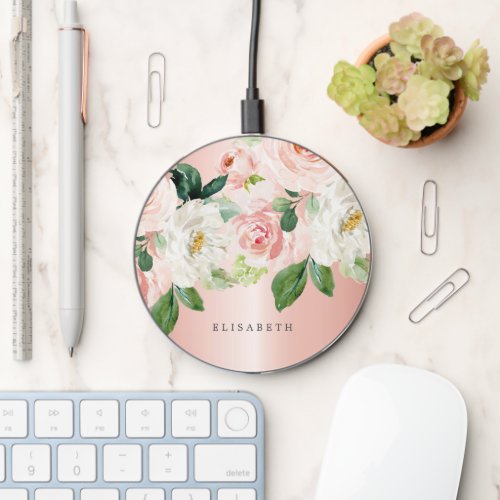 Rose Gold Pink ivory Watercolor Floral Your Name Wireless Charger