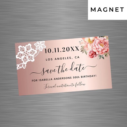 Rose gold pink lace birthday Save the Date magnet