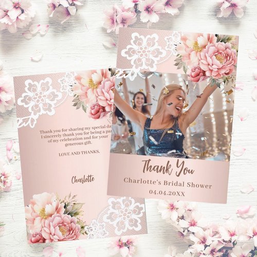 Rose gold pink lace Bridal Shower photo Thank You Card