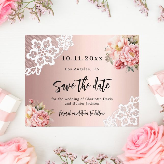 Rose gold pink lace florals wedding Save the Date Flyer (Creator Uploaded)
