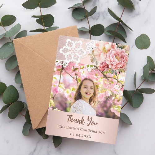 Rose gold pink lace girl Confirmation photo Thank You Card