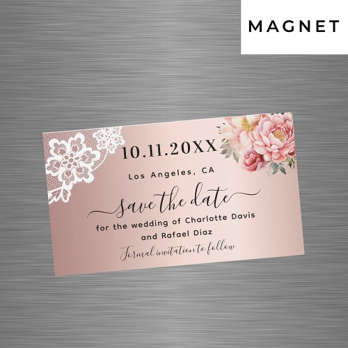 Rose gold pink lace wedding Save the Date magnet