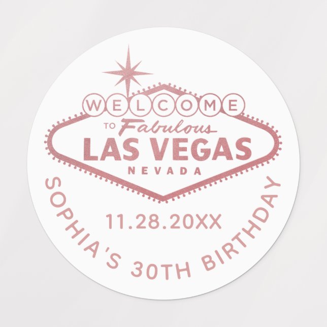 Rose Gold Pink Las Vegas Birthday Custom Favor Labels (Design 1)
