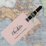 Rose gold pink leather monogram name luggage tag<br><div class="desc">Rose gold,  blush pink colored faux leather print as background. Personalize and add your first name,  monogram letters and full name on the front. Your contact information on the back.  Black and gray text.</div>
