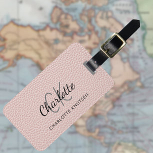 Rose gold pink leather monogram name luggage tag
