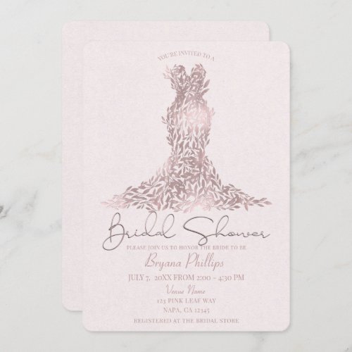 Rose Gold Pink Leaves Glam Dress Bridal Shower Invitation