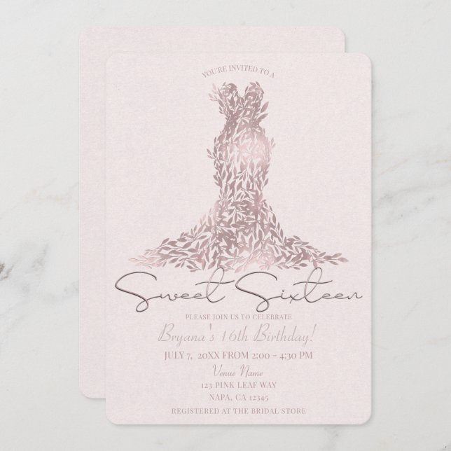 Rose Gold Pink Leaves Glam Dress Sweet 16 Party Invitation (Front/Back)