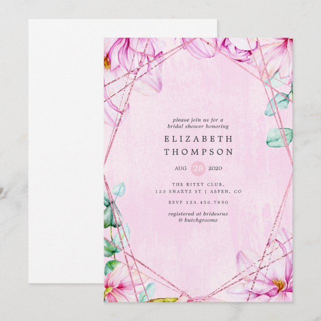 Rose Gold & Pink Magnolia Geometric Bridal Shower Invitation (Front/Back)