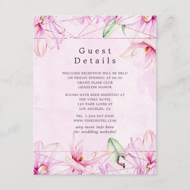 Rose Gold & Pink Magnolia Geometric Guest Details Enclosure Card (Front)