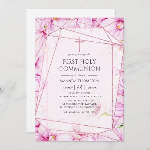 Rose Gold  Pink Magnolia Geometric Holy Communion Invitation