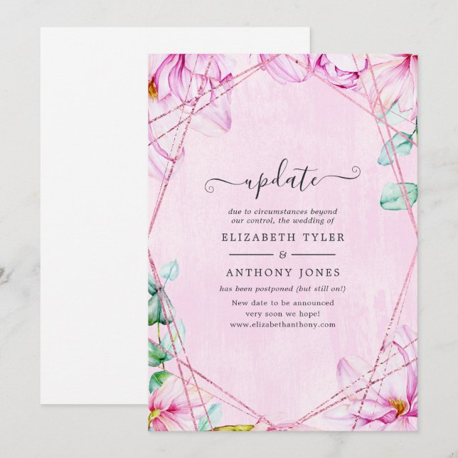 Rose Gold & Pink Magnolia Geometric Wedding Update Invitation (Front/Back)
