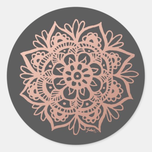 Rose Gold Pink Mandala Flower on Grey Classic Round Sticker