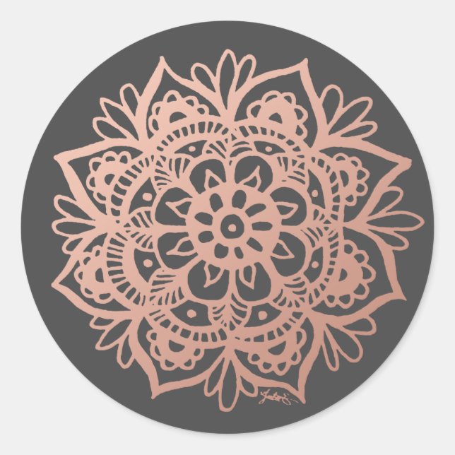 Rose Gold Pink Mandala Flower on Grey Classic Round Sticker (Front)