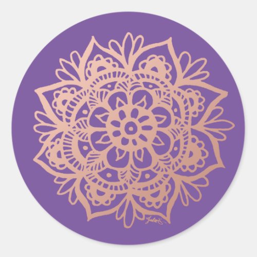 Rose Gold Pink Mandala Flower on Purple Classic Round Sticker