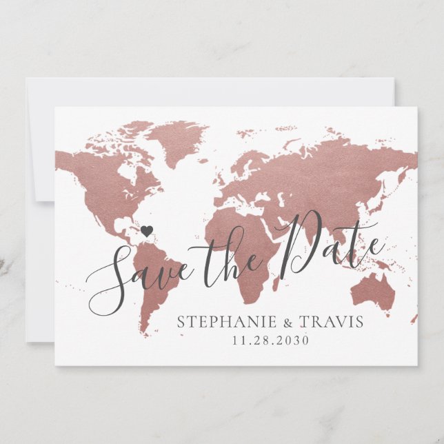 Rose Gold Pink Map Destination Travel Wedding Pic Save The Date (Front)