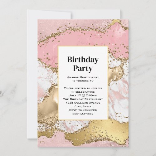Rose Gold Pink Marble Abstract Birthday Invitation