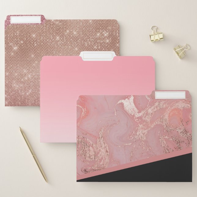 Rose Gold Pink Marble Black Triangular Geometric File Folder (Set)