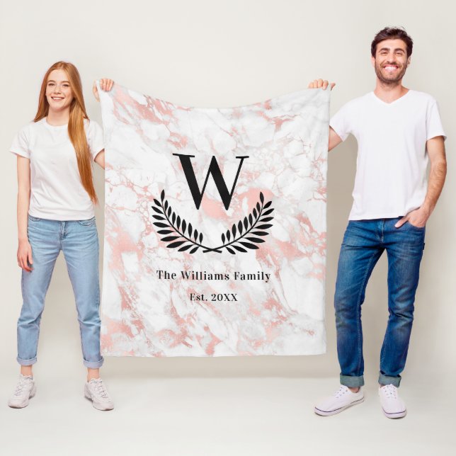 Rose gold pink marble family monogram elegant fleece blanket (In Situ)