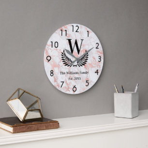 Rose gold pink marble family monogram elegant large clock