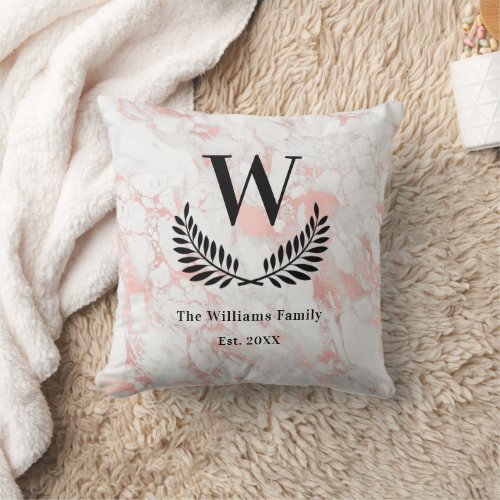 Rose gold pink marble family monogram elegant throw pillow