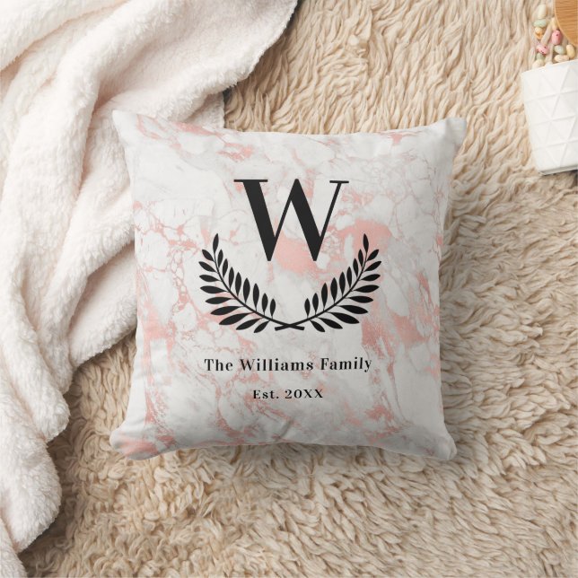 Rose gold pink marble family monogram elegant throw pillow (Blanket)