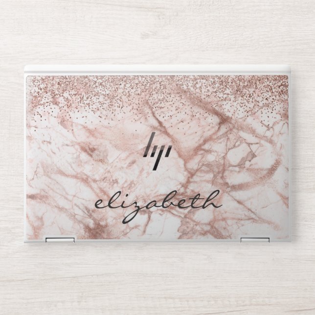 Rose Gold Pink Marble Glitter Personalized HP Laptop Skin (Front)