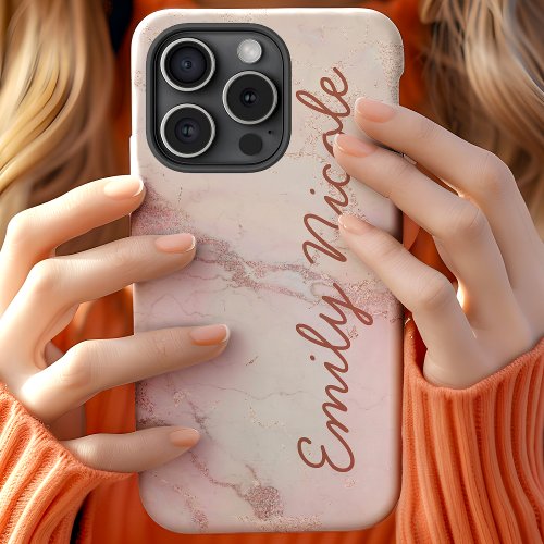 Rose Gold Pink Marble Monogram Iphone 15 Case