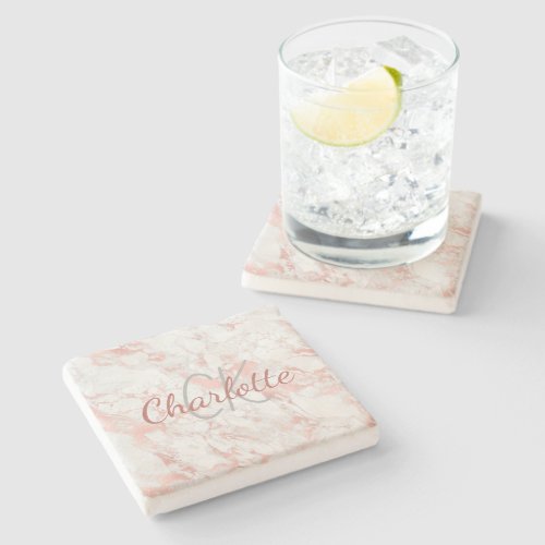 Rose gold pink marble monogram name elegant  stone coaster