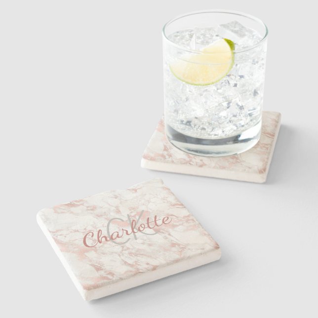 Rose gold pink marble monogram name elegant  stone coaster (Side)