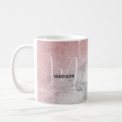 Rose Gold Pink Marble Ombre Glitter Monogram Name Coffee Mug