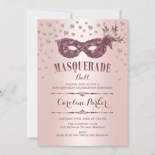 Rose Gold Pink Masquerade Ball Birthday Party Invitation