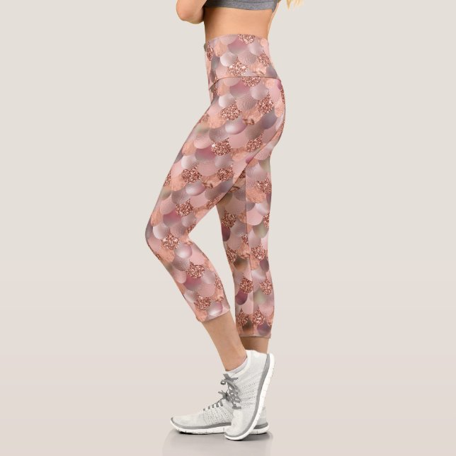 Rose Gold Pink  Mermaid Scales Capri Leggings (Left)