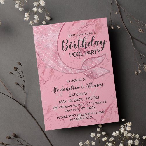 Rose Gold Pink Mermaid Tail Pool Marble Birthday Invitation Postcard