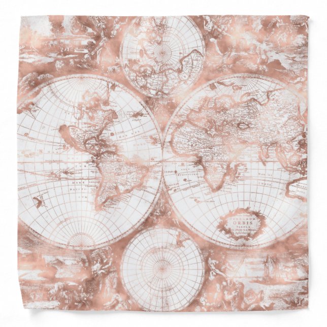 Rose Gold Pink Metal Glitter Antique World Map Bandana (Front)