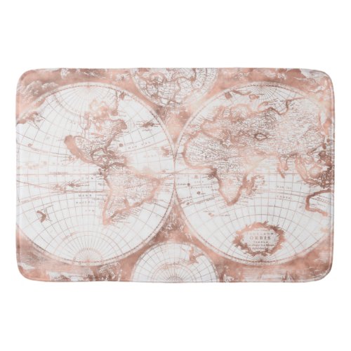 Rose Gold Pink Metal Glitter Antique World Map Bath Mat