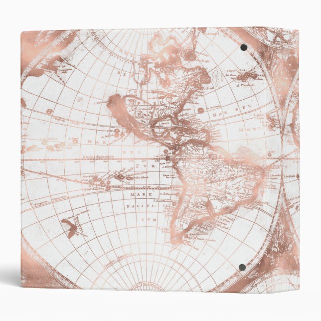Rose Gold Pink Metal Glitter Antique World Map Binder (Back/Spine)