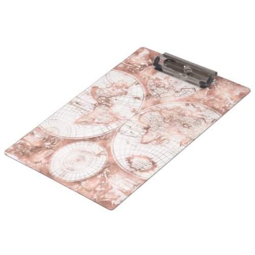 Rose Gold Pink Metal Glitter Antique World Map Clipboard