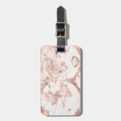 Rose Gold Pink Metal Glitter Antique World Map Luggage Tag