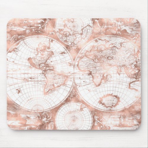 Rose Gold Pink Metal Glitter Antique World Map Mouse Pad