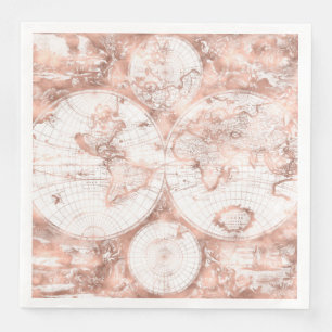 Rose Gold Pink Metal Glitter Antique World Map Paper Dinner Napkins