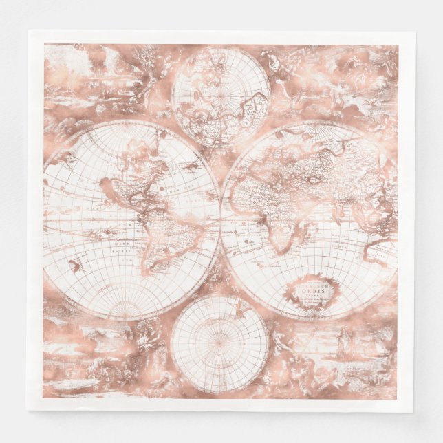 Rose Gold Pink Metal Glitter Antique World Map Paper Dinner Napkins (Front)
