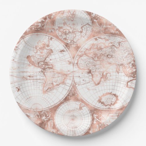 Rose Gold Pink Metal Glitter Antique World Map Paper Plates