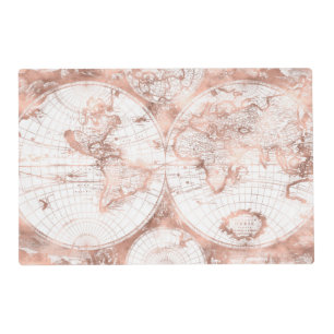 Rose Gold Pink Metal Glitter Antique World Map Placemat