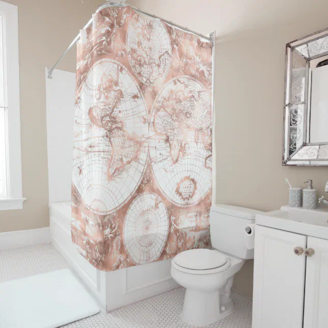 Rose Gold Pink Metal Glitter Antique World Map Shower Curtain | Zazzle