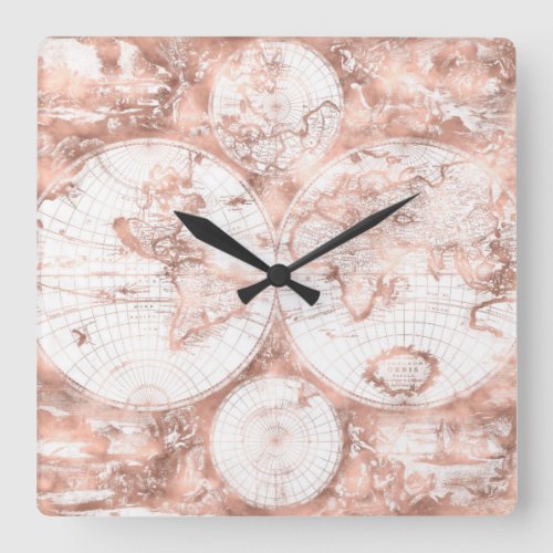 Rose Gold Pink Metal Glitter Antique World Map Square Wall Clock