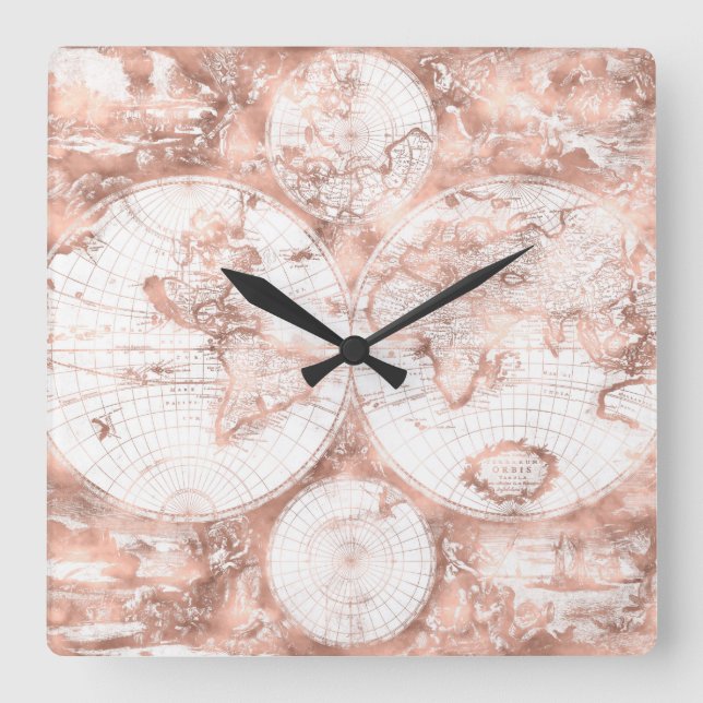 Rose Gold Pink Metal Glitter Antique World Map Square Wall Clock (Front)