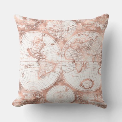 Rose Gold Pink Metal Glitter Antique World Map Throw Pillow