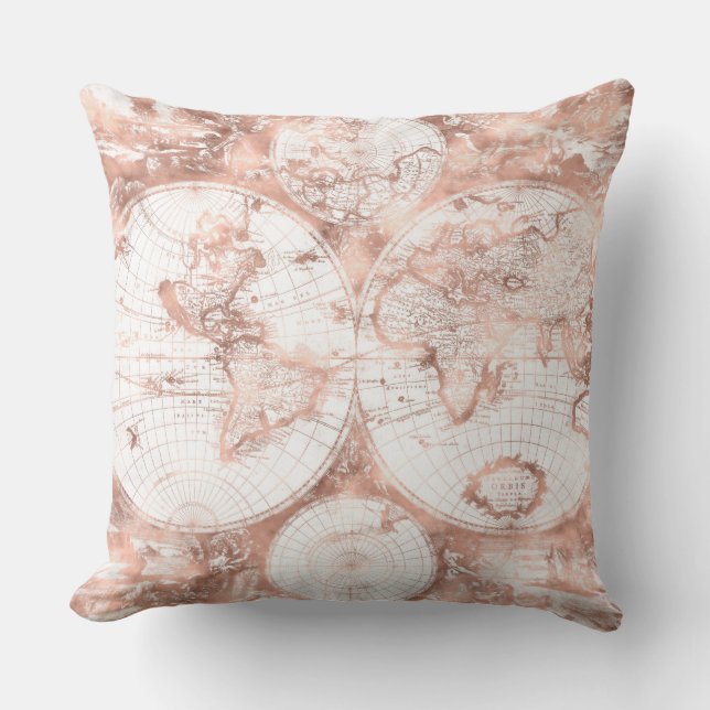 Rose Gold Pink Metal Glitter Antique World Map Throw Pillow (Front)